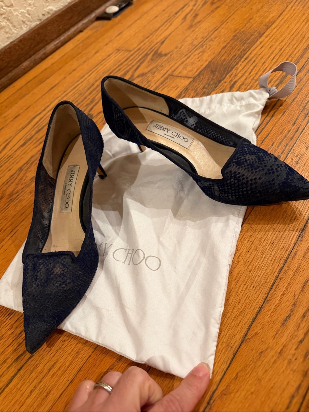 Jimmy Choo Navy Lace Pointed Toe Pumps